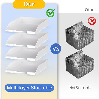 4 Pack Stackable Paper Trays for Letter Documents, Desktop File Organizers for Office Supplies, Stackable Desk Tray Holder for Paper Storage, White