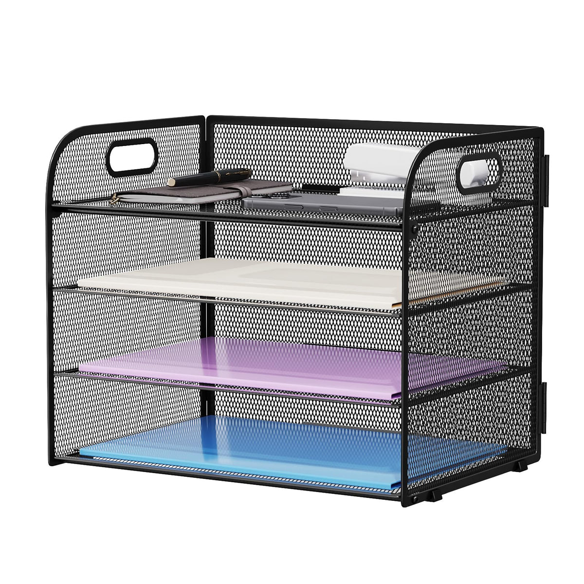 Marbrasse 4 Tier Paper Organizer Letter Tray - Mesh Desk File Organizer with Handle, Paper Sorter Organizer for Letter/A4 Office File Folder Holder (Black, 12.6" x 9.1" x 10.7")