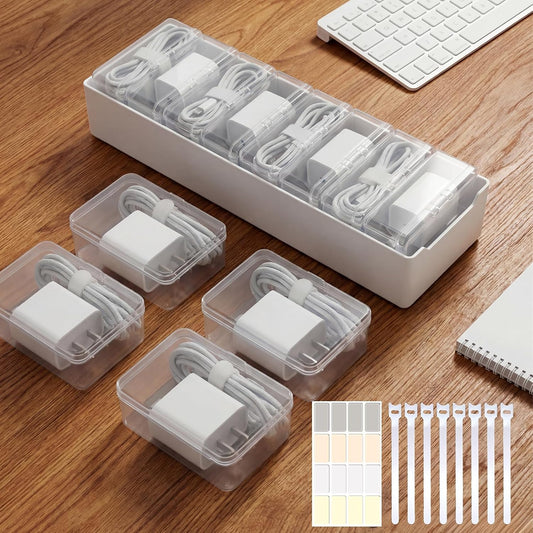 8 Individual Cable Organizer Boxes With Base, Cord Storage Organizer With Labels And Cable Straps For Charging Cables, Adapters, Earphones (8 pcs Individual Cable, 1 Pack)