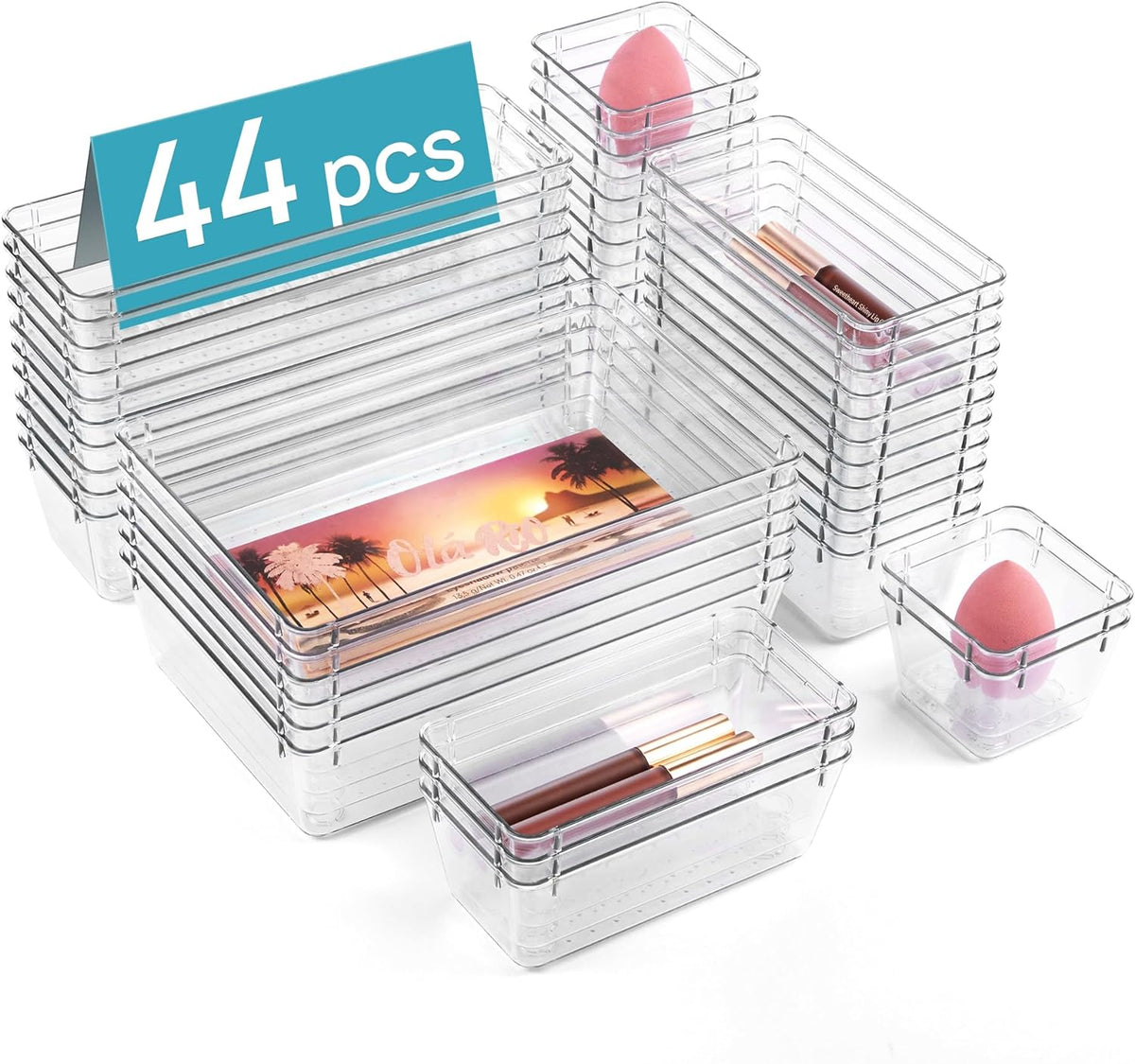 Vtopmart 44 PCS Clear Plastic Drawer Organizers Set, Vanity Organizer Trays