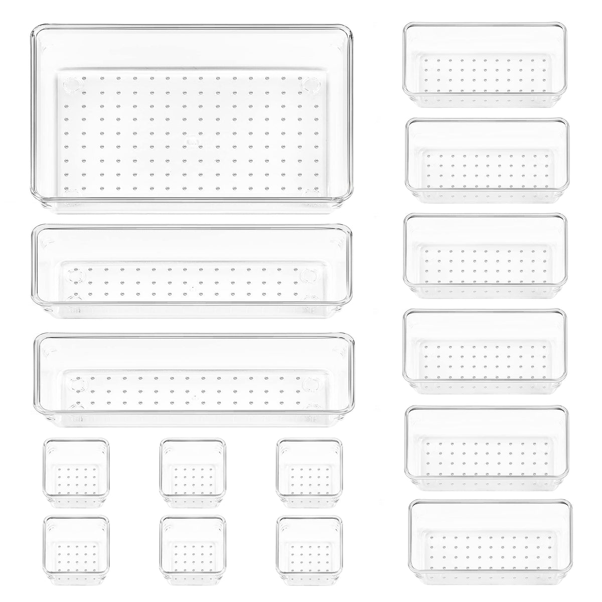 Vtopmart 72 PCS Clear Plastic Drawer Organizers Set, 4-Size Versatile Bathroom and Vanity Organizer Trays, Non-Slip Storage Containers for Makeup, Jewelries, Bedroom，Kitchen Utensils and Office
