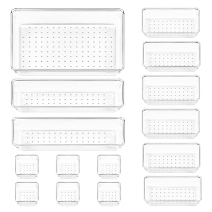Vtopmart 72 PCS Clear Plastic Drawer Organizers Set, 4-Size Versatile Bathroom and Vanity Organizer Trays, Non-Slip Storage Containers for Makeup, Jewelries, Bedroom，Kitchen Utensils and Office