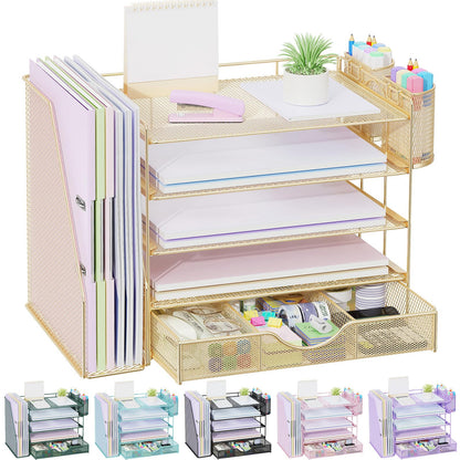 gianotter Desk Organizers and Accessories with File Holder, 4-Tier Desk Accessories & Workspace Organizers with Drawer and 2 Pen Holder, Paper Organizer for Office Supplies (Rose Gold)