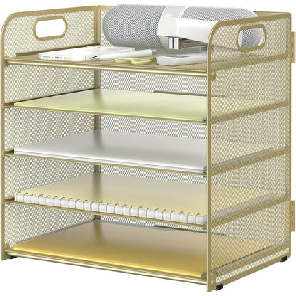 Letter Tray Paper Organizer 5-Tier Desk Organizer File Organizer Paper Holder with Handle, Metal Desktop Document Shelf Tray Office Classroom Organization - Black