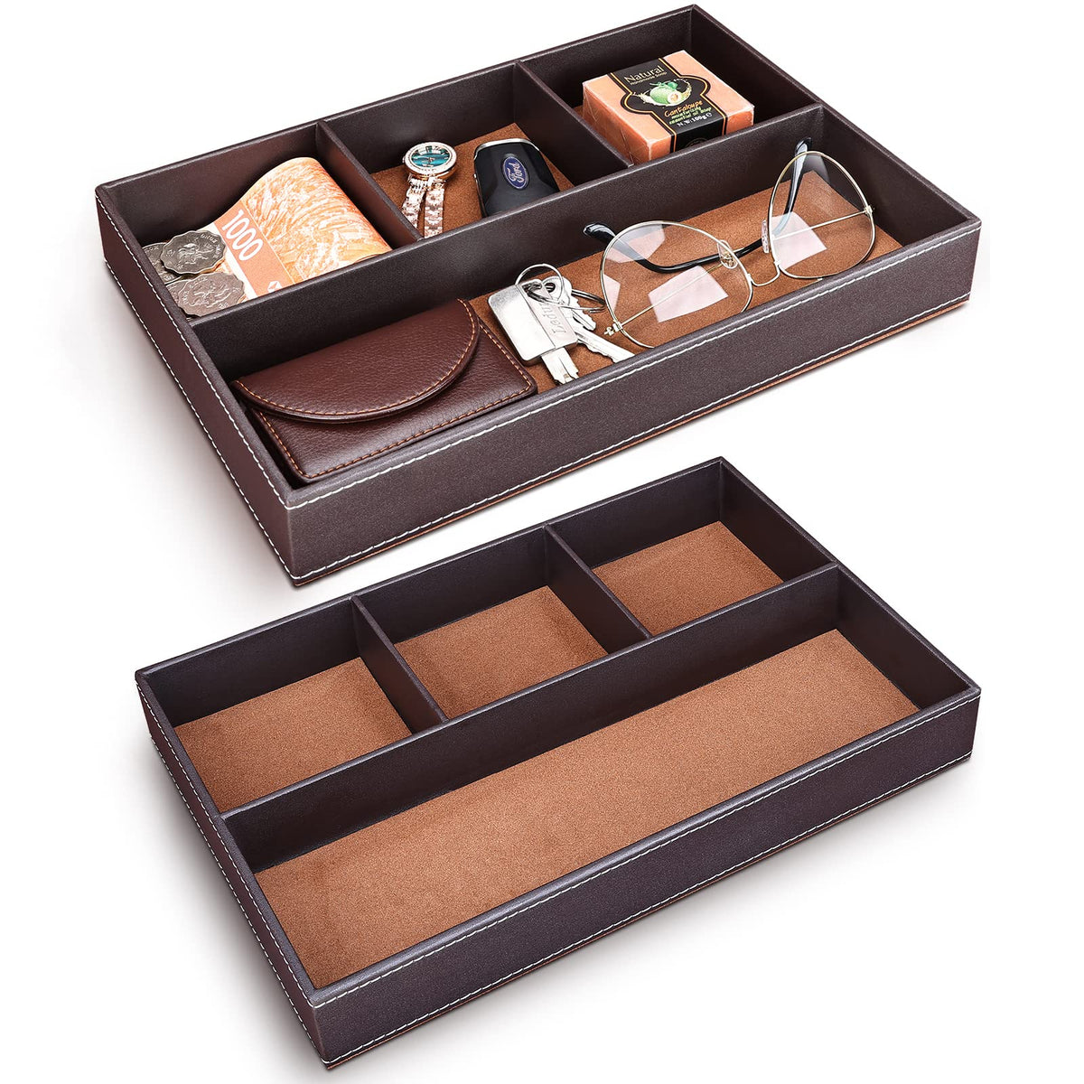GORESE 2 Pieces Faux Leather Valet Tray for Men, Stackable Jewelry Organizer for Drawers, Nightstand Caddy Tray for Key, Wallet, Sunglass, Watch, Coin, Phone, Bedside Desk-top Storage Black