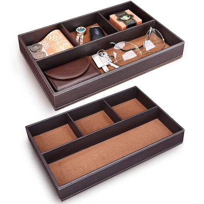 GORESE 2 Pieces Faux Leather Valet Tray for Men, Stackable Jewelry Organizer for Drawers, Nightstand Caddy Tray for Key, Wallet, Sunglass, Watch, Coin, Phone, Bedside Desk-top Storage Black