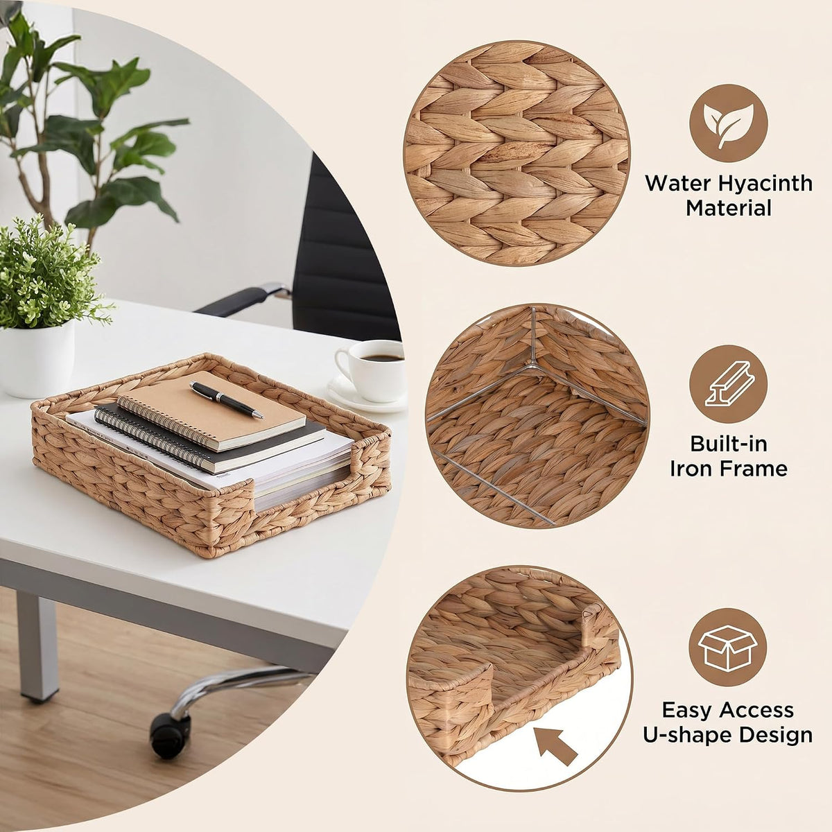 Letter Tray Water Hyacinth, Wicker Desk Organizer for Office Supplies Mail