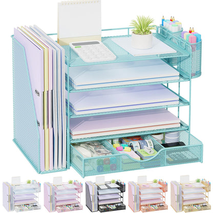 gianotter Desk Organizers and Accessories with File Holder, 4-Tier Desk Accessories & Workspace Organizers with Drawer and 2 Pen Holder, Paper Organizer for Office Supplies (Rose Gold)