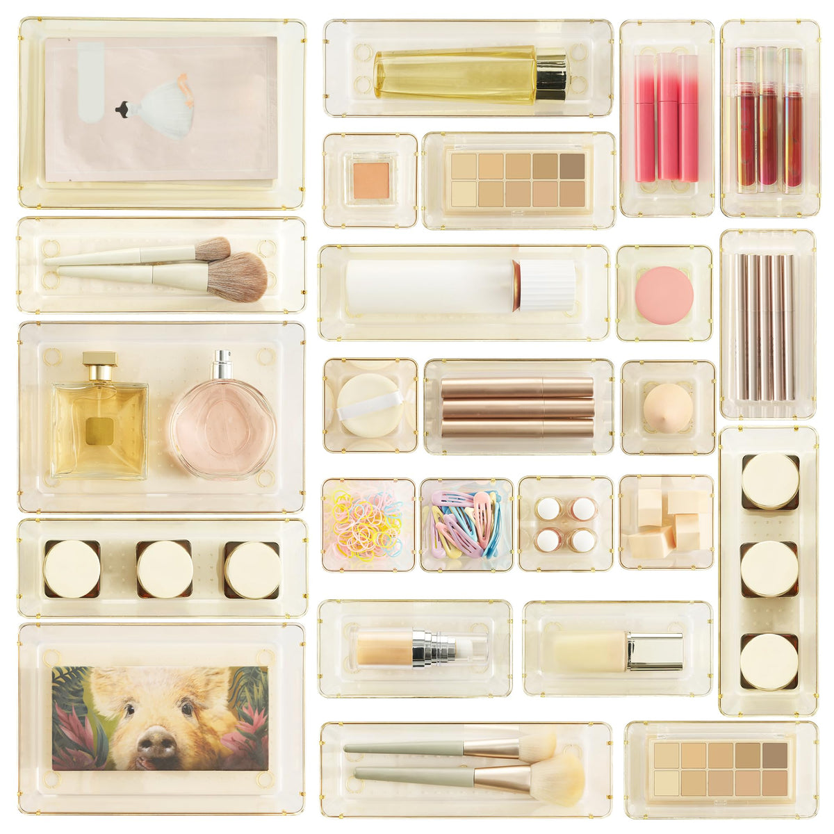 Vtopmart 72 PCS Clear Plastic Drawer Organizers Set, 4-Size Versatile Bathroom and Vanity Organizer Trays, Non-Slip Storage Containers for Makeup, Jewelries, Bedroom，Kitchen Utensils and Office