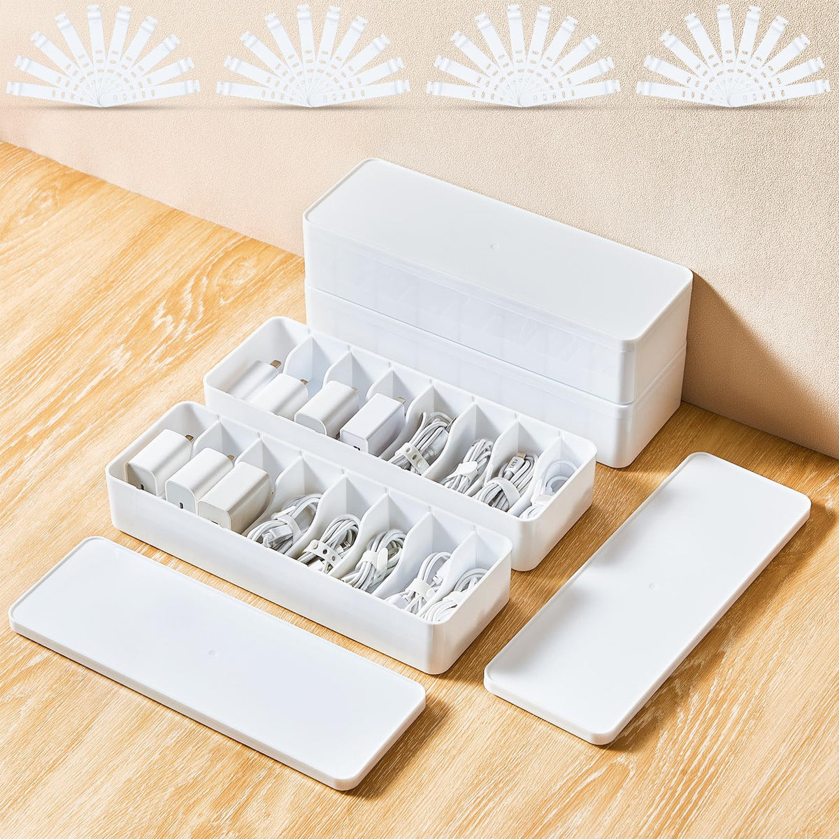 Tatuo Cord Organizer Box with Lid, Clear, 4 Pack