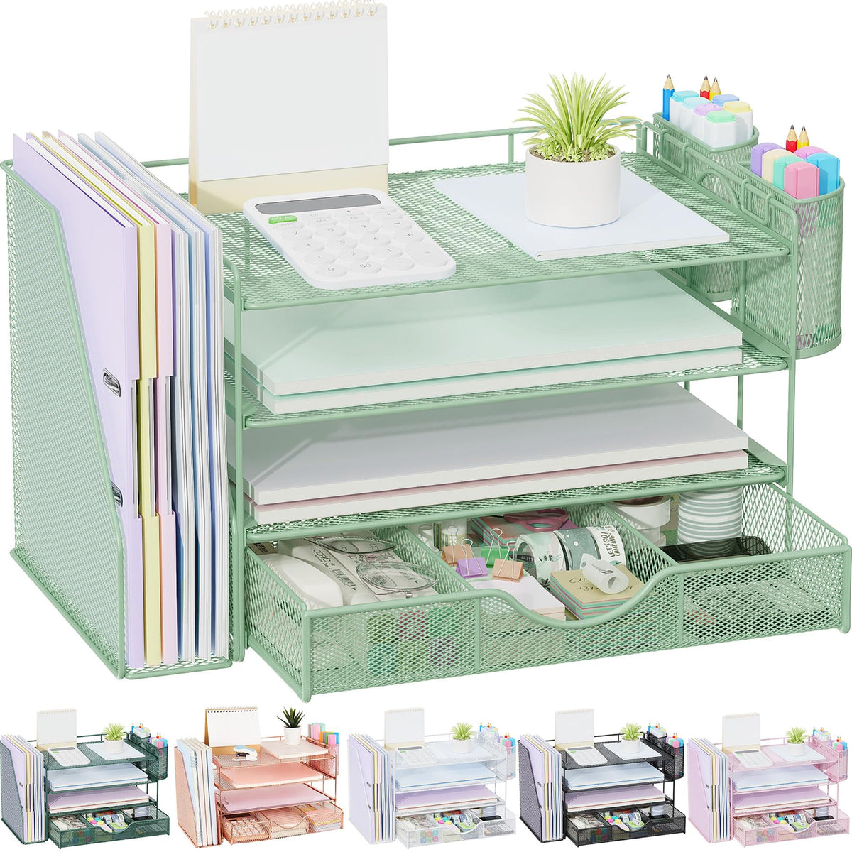 gianotter Desk Organizers and Accessories with File Holder, 4-Tier Desk Accessories & Workspace Organizers with Drawer and 2 Pen Holder, Paper Organizer for Office Supplies (Rose Gold)