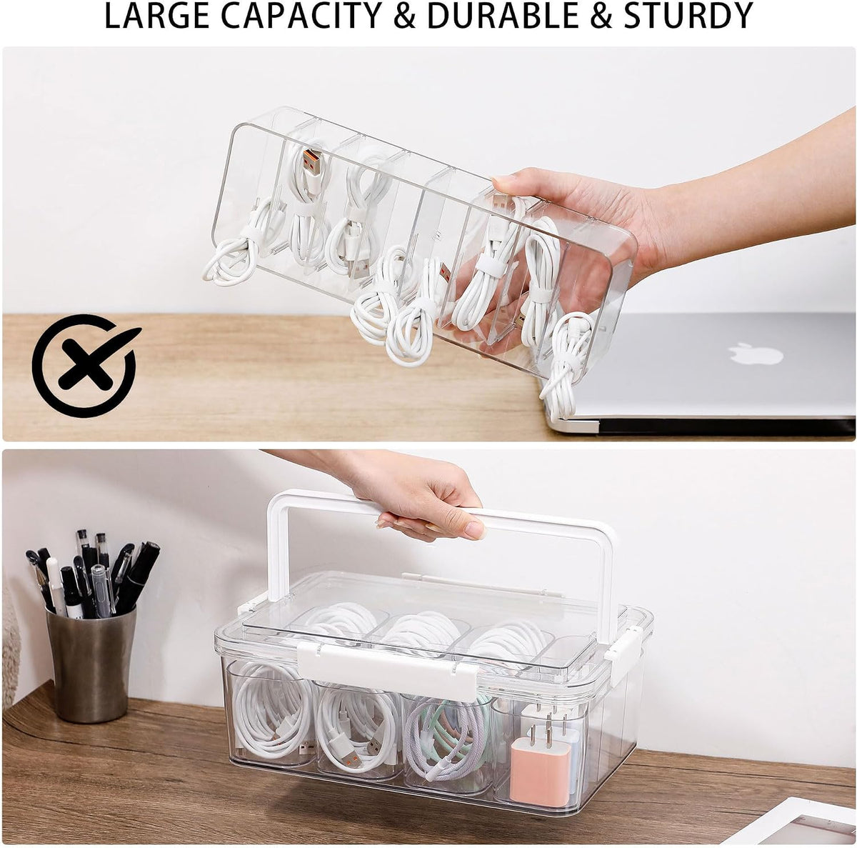 Large Cable Storage Box with Lid and Handle, Clear
