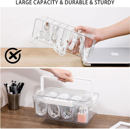 Large Cable Storage Box with Lid and Handle, Clear