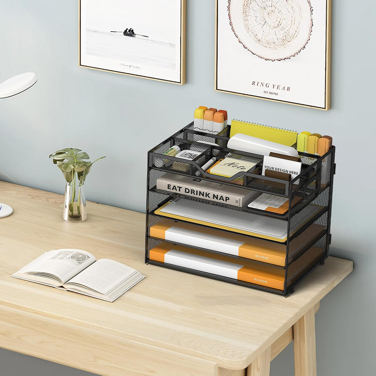 5 Tier Paper Letter Tray Desk Organizer with Pen Holders - Black
