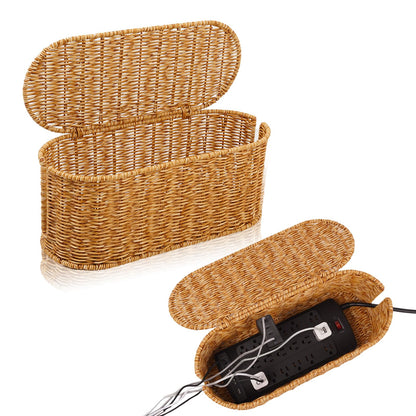 Cable Management Box, Handmade Rattan Cord Organizer for Power Strip