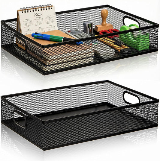 Elsjoy 2 Pack Desk Drawer Organizer Tray, Metal Mesh Desktop Storage Tray Office File Organizer with Handle, Portable Large Storage Basket for Office Supplies, Craft, Magazine, Paper