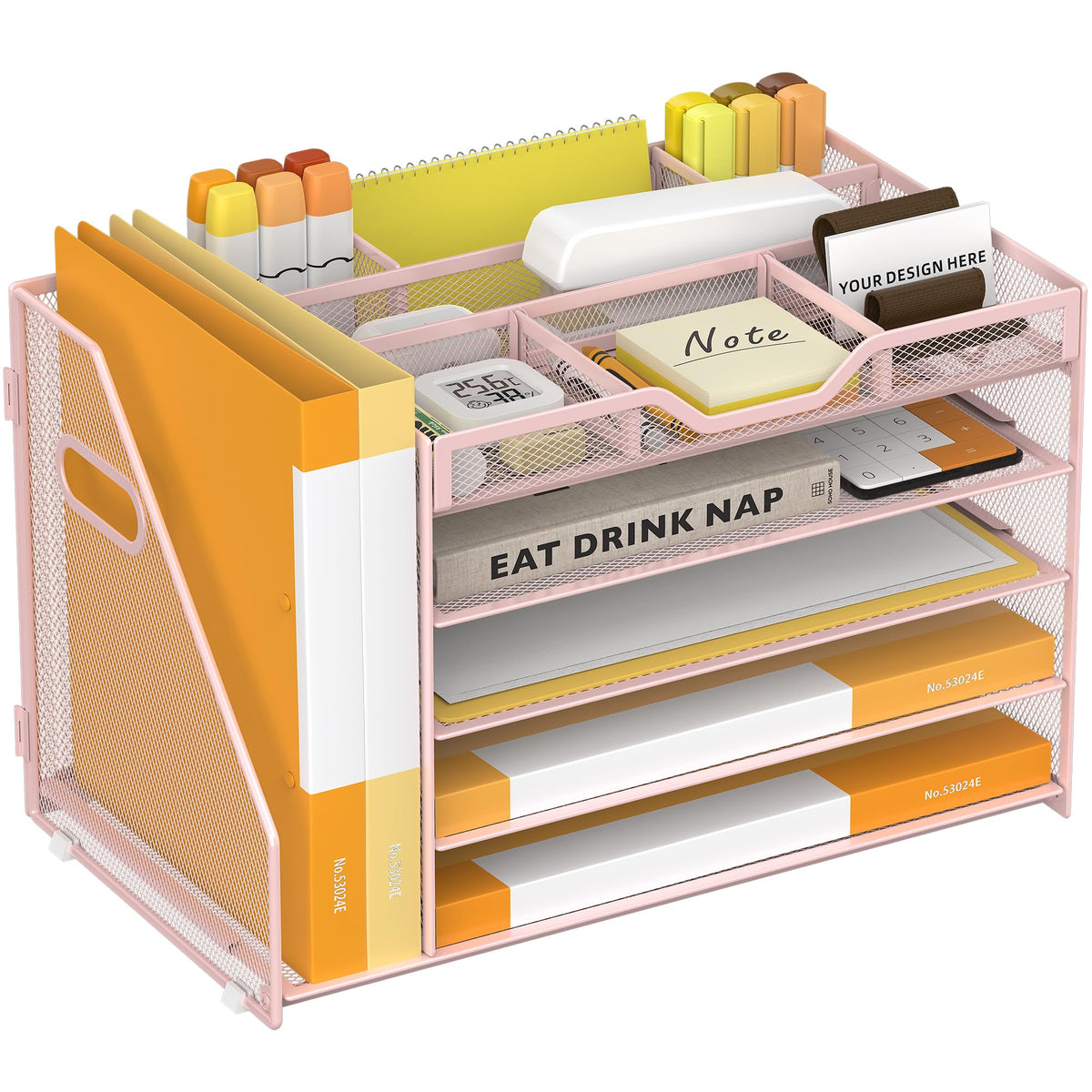 5 Tier Paper Letter Tray Desk Organizer with Pen Holders - Black