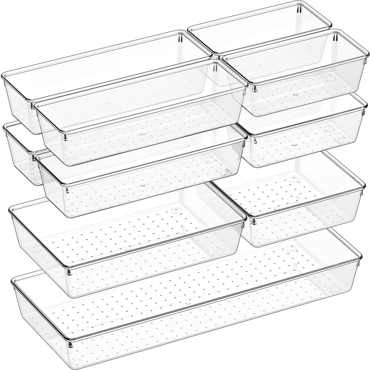 Criusia Drawer Organizer, 10 Pack Large Clear Plastic Set, 3 Size Versatile Bathroom and Vanity Organizer Trays, Storage Bins for Makeup, Bedroom, Kitchen Utensils