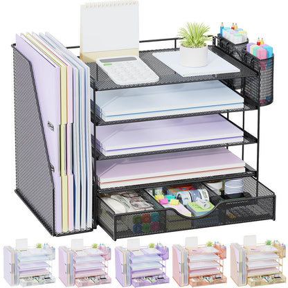 gianotter Desk Organizers and Accessories with File Holder, 4-Tier Desk Accessories & Workspace Organizers with Drawer and 2 Pen Holder, Paper Organizer for Office Supplies (Rose Gold)
