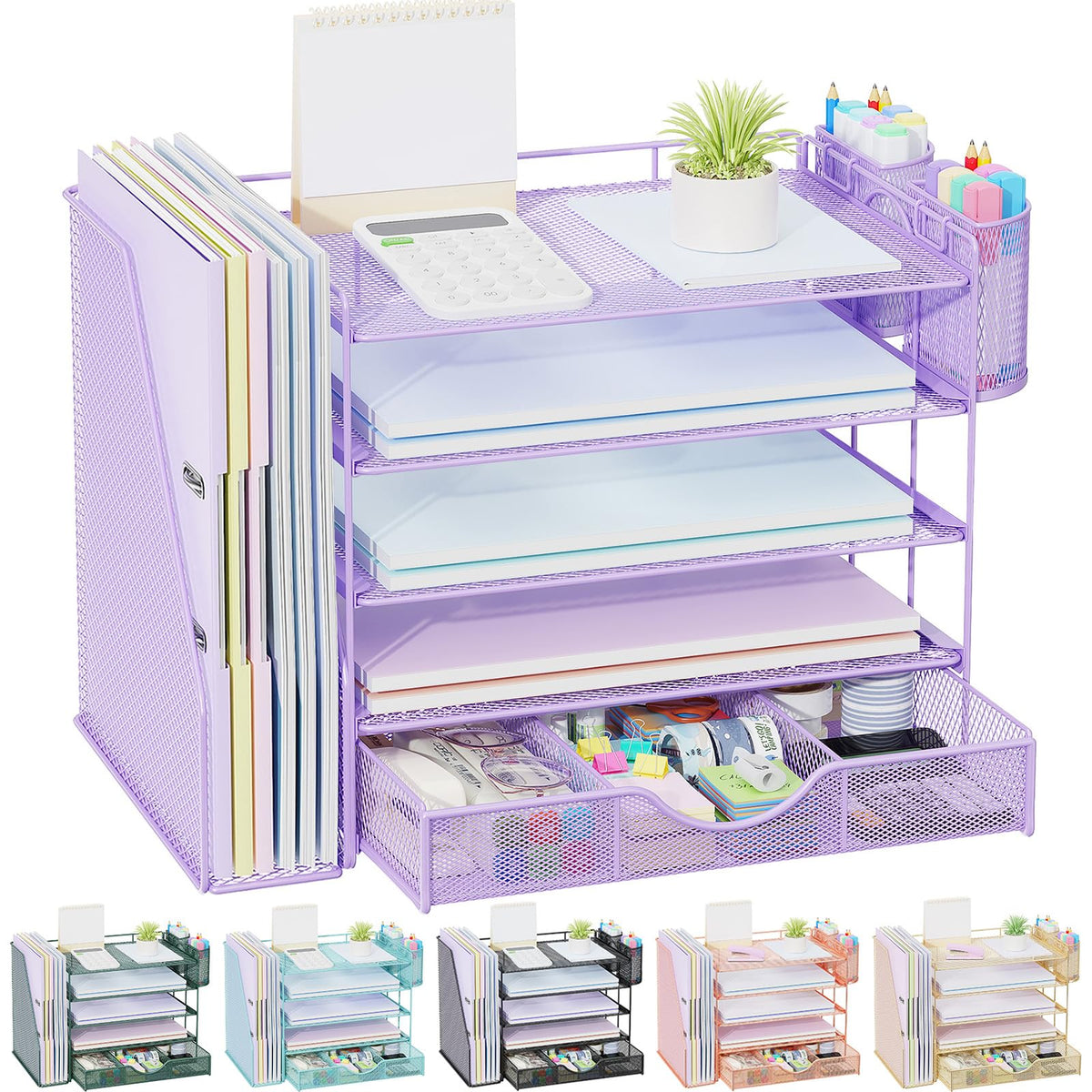 gianotter Desk Organizers and Accessories with File Holder, 4-Tier Desk Accessories & Workspace Organizers with Drawer and 2 Pen Holder, Paper Organizer for Office Supplies (Rose Gold)