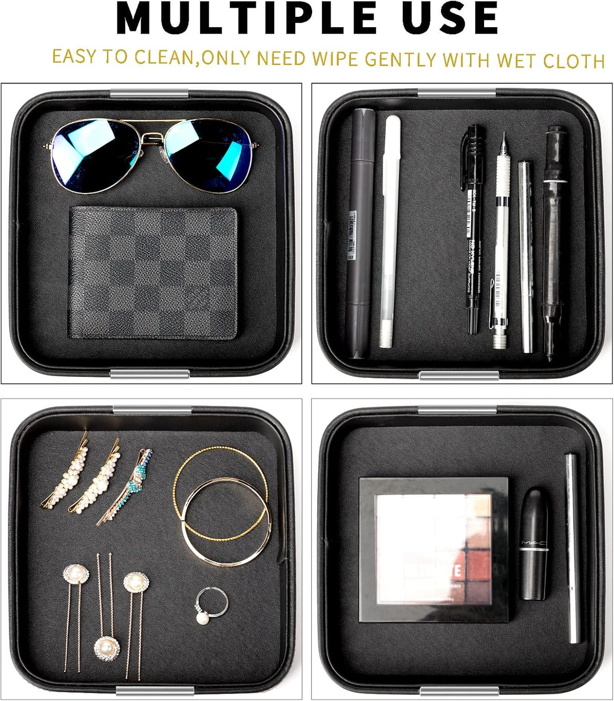 SANZIE Leather Tray Desktop Storage, Trinket Catchall Tray (Black)