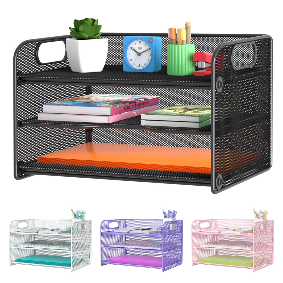 Samstar 3 Tier Letter Tray Paper Organizer with Handle, Mesh Desk Organizer Paper Sorter File Rack Shelves, Black