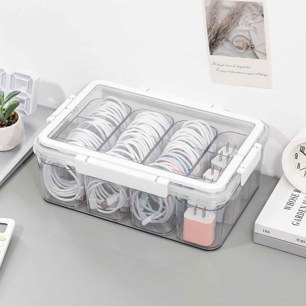 Large Cable Storage Box with Lid and Handle, Clear