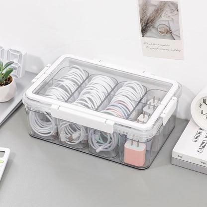 Large Cable Storage Box with Lid and Handle, Clear