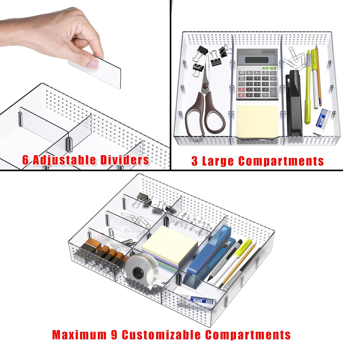 Simple Houseware Drawer Organizer Tray, 9 Adjustable Compartments, Clear
