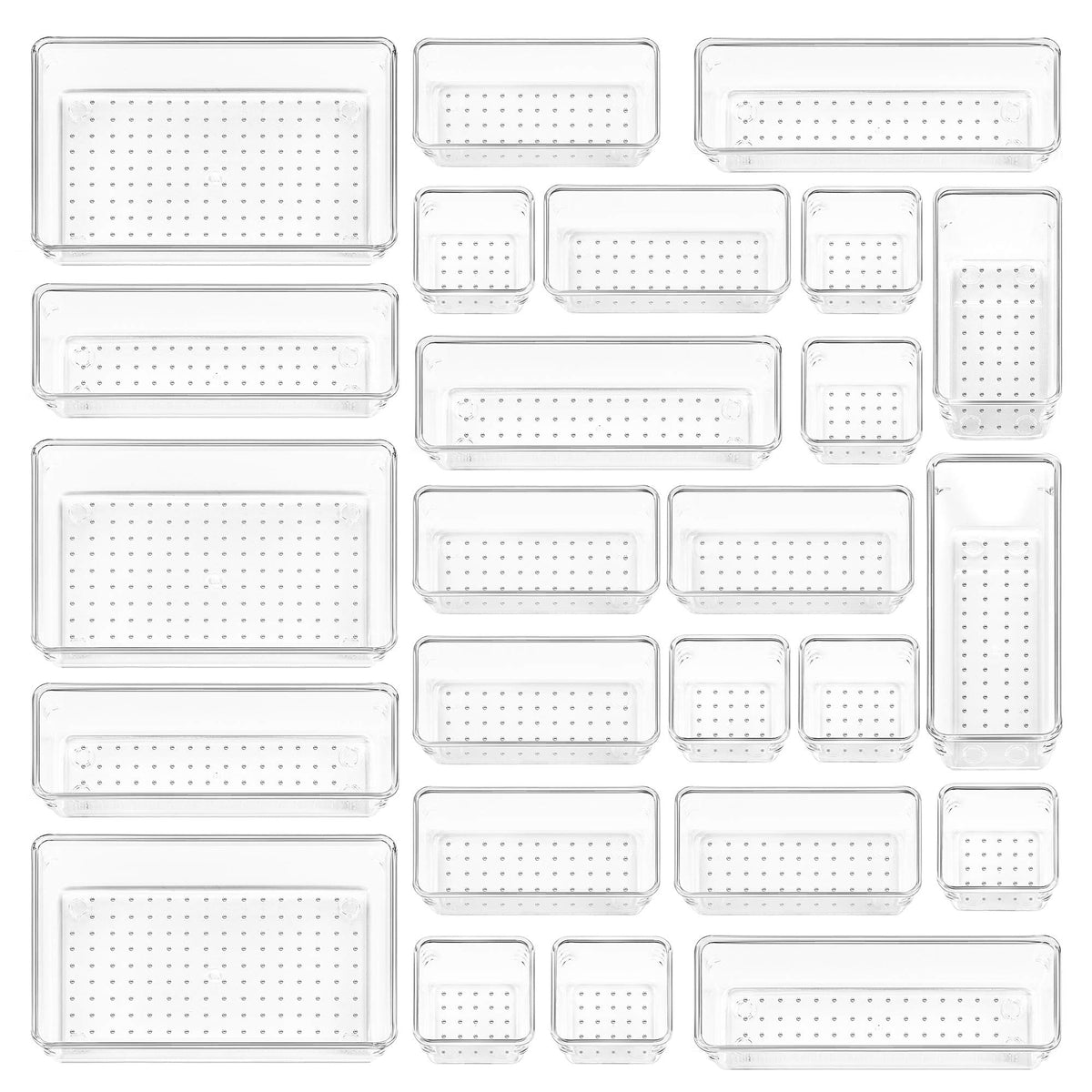 Vtopmart 72 PCS Clear Plastic Drawer Organizers Set, 4-Size Versatile Bathroom and Vanity Organizer Trays, Non-Slip Storage Containers for Makeup, Jewelries, Bedroom，Kitchen Utensils and Office