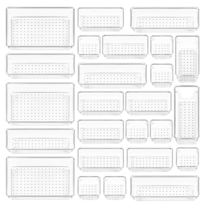 Vtopmart 72 PCS Clear Plastic Drawer Organizers Set, 4-Size Versatile Bathroom and Vanity Organizer Trays, Non-Slip Storage Containers for Makeup, Jewelries, Bedroom，Kitchen Utensils and Office