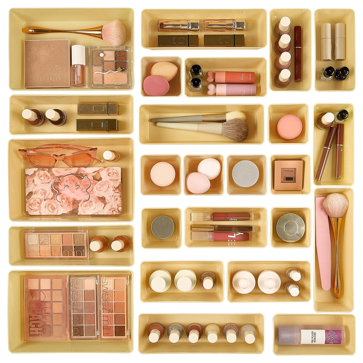 Vtopmart 72 PCS Clear Plastic Drawer Organizers Set, 4-Size Versatile Bathroom and Vanity Organizer Trays, Non-Slip Storage Containers for Makeup, Jewelries, Bedroom，Kitchen Utensils and Office