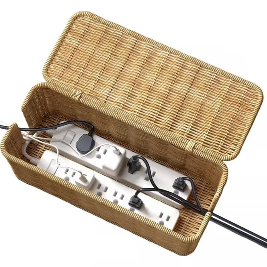 Desktop Power Line Management Box with Lid, Woven Basket Style Socket Protector, Home Data Cable Storage Bag, Wire Organizer, Cord Storage