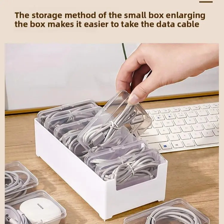 Cable Organizer Box Set - 8 Square PP Storage Boxes with Lids, 7 Small Flip-Style & 1 Large, Durable Desktop Charging Organizer for Home Office