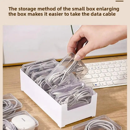 Cable Organizer Box Set - 8 Square PP Storage Boxes with Lids, 7 Small Flip-Style & 1 Large, Durable Desktop Charging Organizer for Home Office