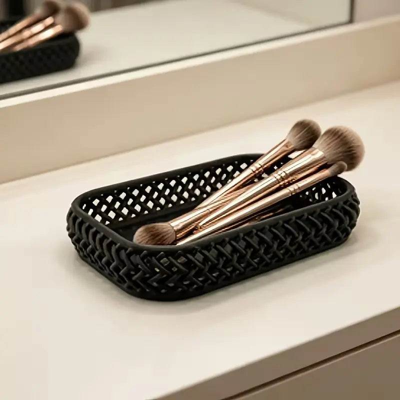 Woven Hollow Desktop Storage Tray, Jewelry and Makeup Brush Organizer for Entryway and Vanity