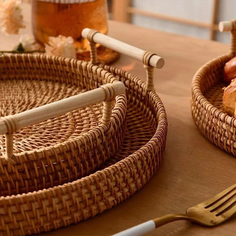 Round Rattan Storage Tray, 1/3 Pack Boho Style Tea Tray with Handle, Fruit Plate, Bread Snack Bohemian Basket, Home Organizer, House Organizers for Kitchen, Dining Room Decor