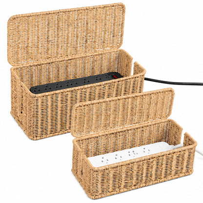 Cable Management Box, Handmade Rattan Cord Organizer for Power Strip