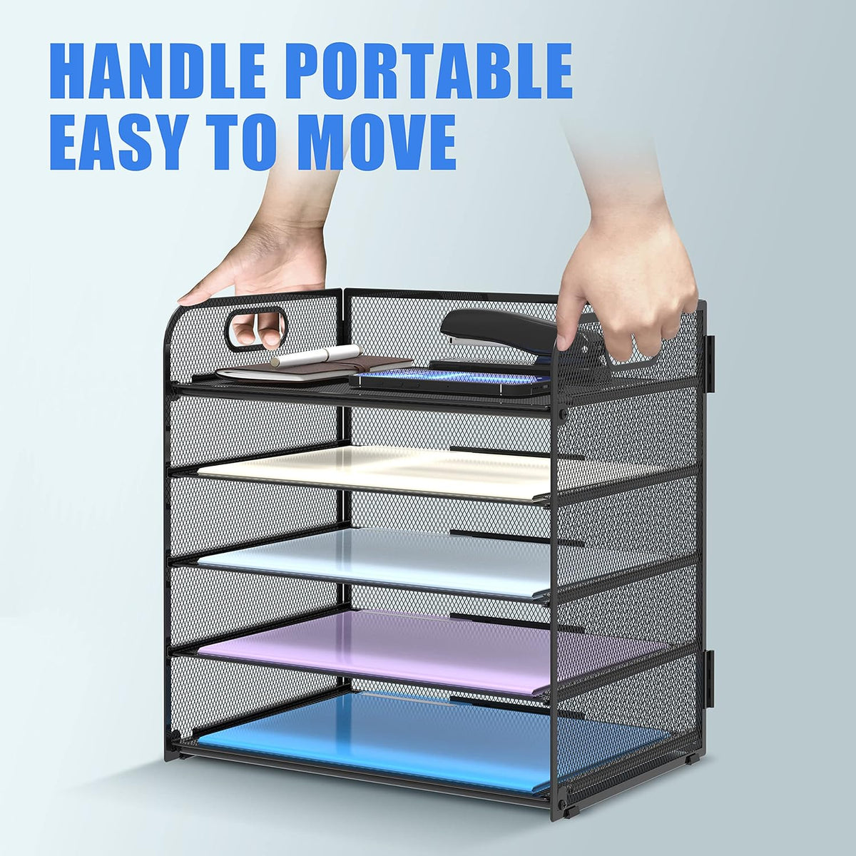 Supeasy 5 Trays Paper Organizer Letter Tray with Handle-Mesh Desk File Holders, Paper Sorter Desk Organizer for Office, Home, Classroom or School
