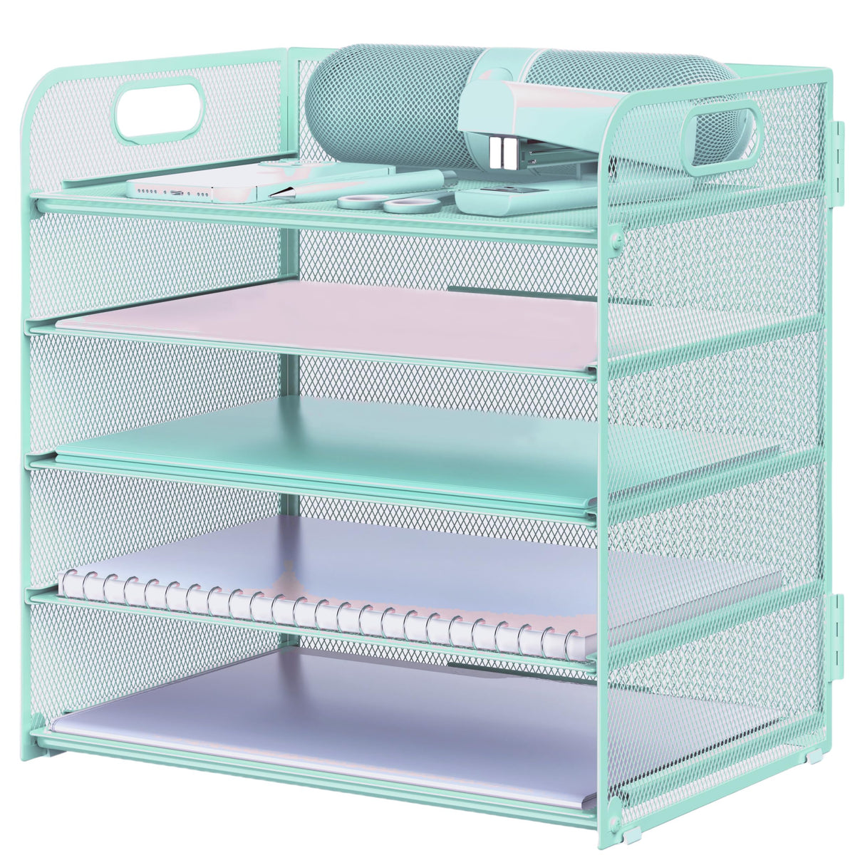 Letter Tray Paper Organizer 5-Tier Desk Organizer File Organizer Paper Holder with Handle, Metal Desktop Document Shelf Tray Office Classroom Organization - Black