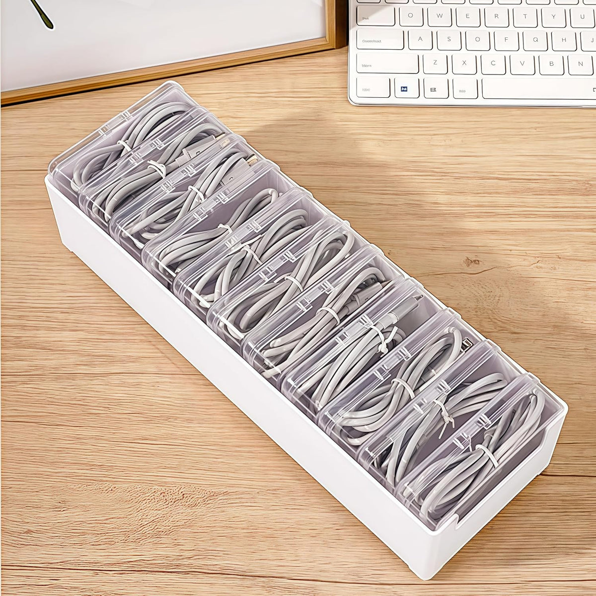 2 Pack 11 Grid Cable Organizer Box with Switch for Desktop Cord Storage