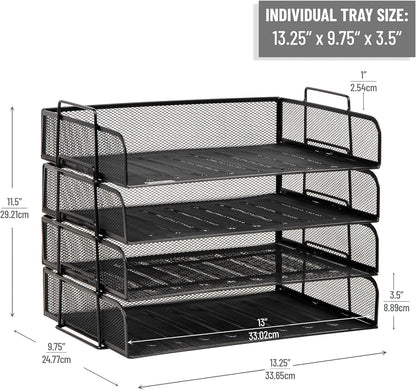 Mind Reader Stackable Paper Tray, Desktop Organizer, File Storage, Office, Metal Mesh, 4 Pcs., Black