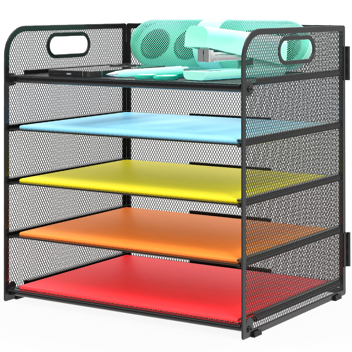 Letter Tray Paper Organizer 5-Tier Desk Organizer File Organizer Paper Holder with Handle, Metal Desktop Document Shelf Tray Office Classroom Organization - Black