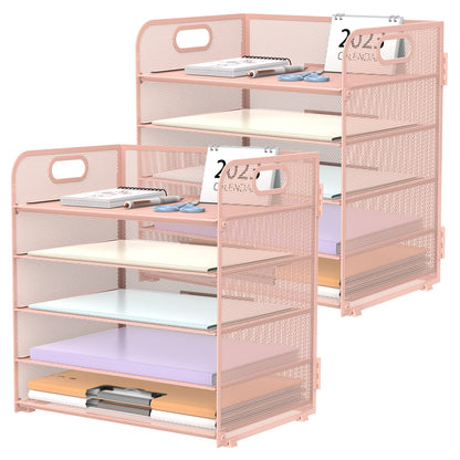 Supeasy 5 Trays Paper Organizer Letter Tray with Handle-Mesh Desk File Holders, Paper Sorter Desk Organizer for Office, Home, Classroom or School