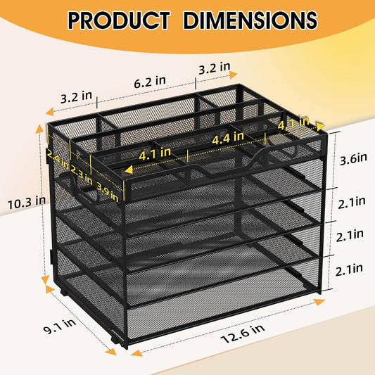 5 Tier Paper Letter Tray Desk Organizer with Pen Holders - Black