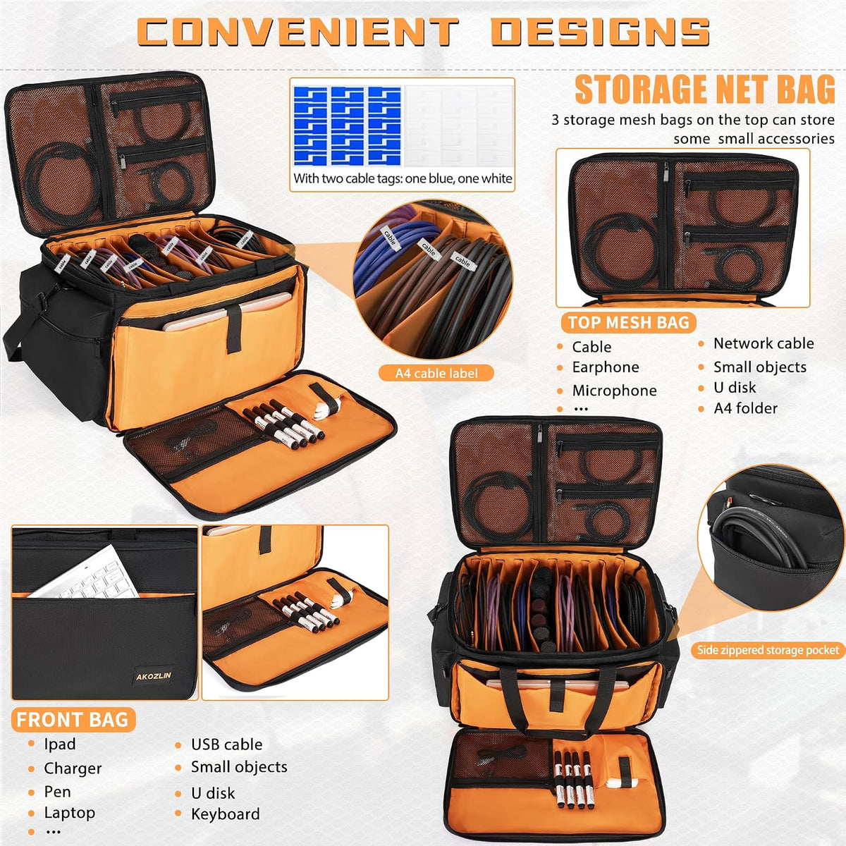 AKOZLIN Cable File Bag with Dividers for Sound Instrument Accessories