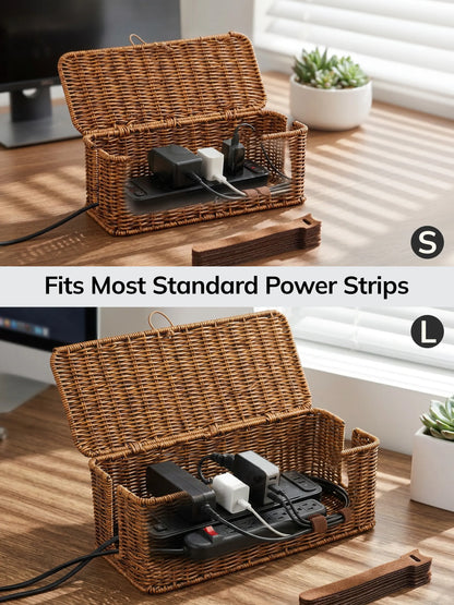BROWNLILY Handwoven Rattan Rectangle Cable Management Box with Lockable Dustproof Lid - Desk Accessories for French Country Wire Concealment, Power Strip Hider That Reduces Dust Buildup, Home Office Under Desk Storage Bin