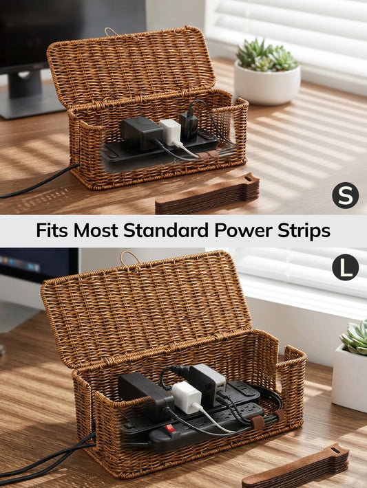 BROWNLILY Handwoven Rattan Rectangle Cable Management Box with Lockable Dustproof Lid - Desk Accessories for French Country Wire Concealment, Power Strip Hider That Reduces Dust Buildup, Home Office Under Desk Storage Bin