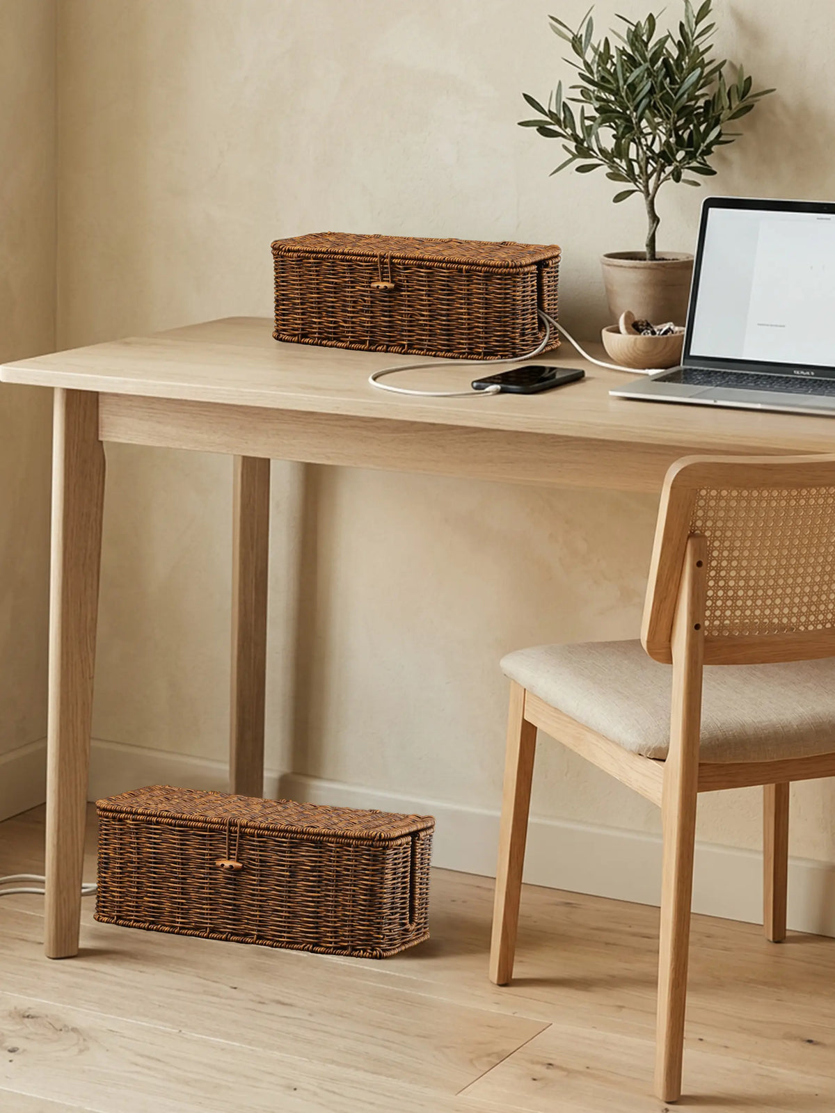 BROWNLILY Handwoven Rattan Rectangle Cable Management Box with Lockable Dustproof Lid - Desk Accessories for French Country Wire Concealment, Power Strip Hider That Reduces Dust Buildup, Home Office Under Desk Storage Bin
