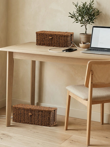 BROWNLILY Handwoven Rattan Rectangle Cable Management Box with Lockable Dustproof Lid - Desk Accessories for French Country Wire Concealment, Power Strip Hider That Reduces Dust Buildup, Home Office Under Desk Storage Bin
